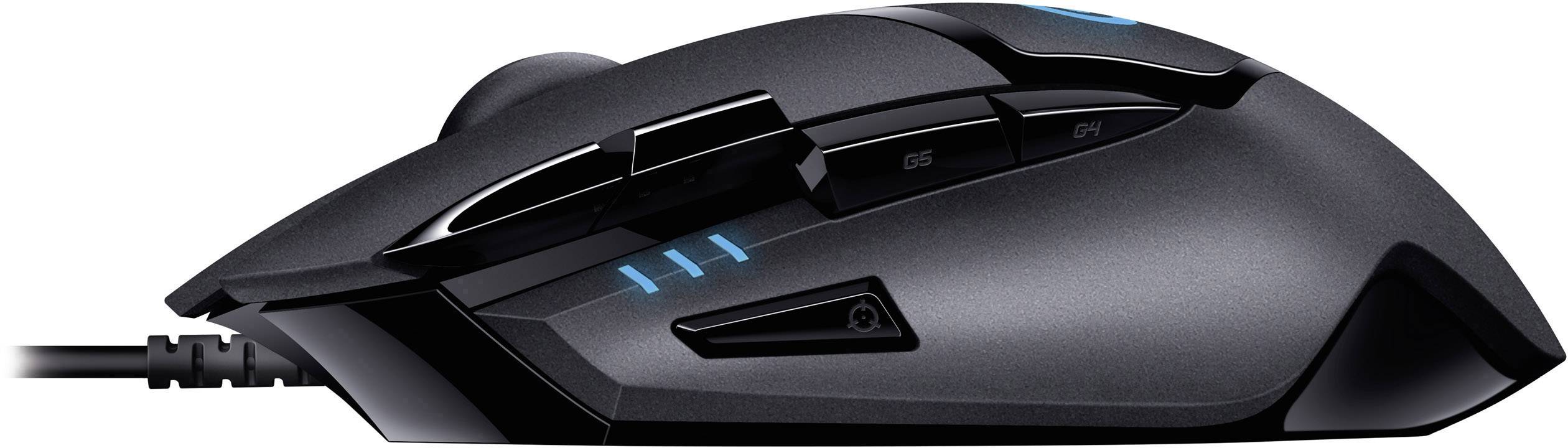 Black gaming mouse with multiple buttons, ergonomic design and blue LED lights, side view.