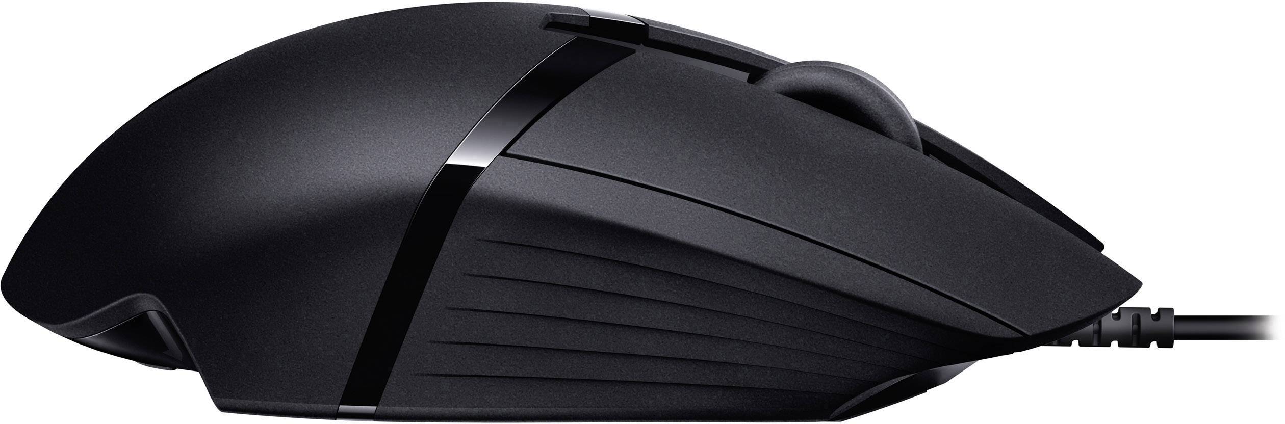 Black computer mouse viewed from the side, with cable and scroll wheel.