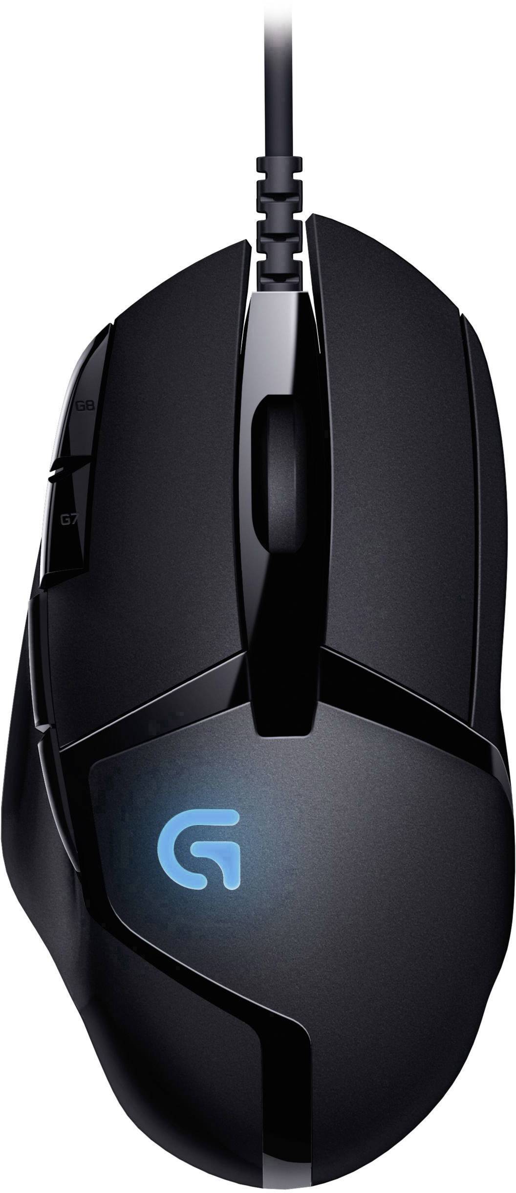 Black computer mouse with cable, illuminated logo, and multiple buttons, suitable for gaming.