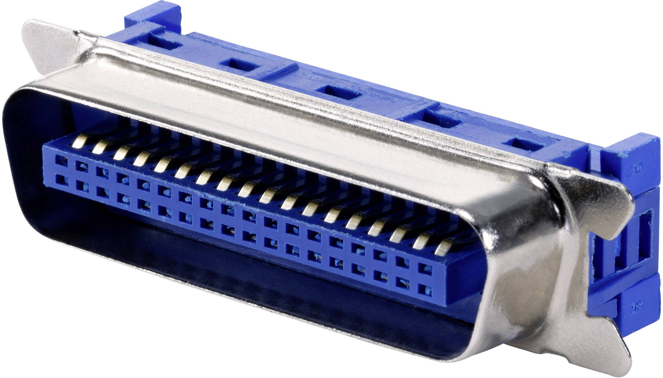 A blue SCSI port with multiple metal pins, surrounded by a silver metal border, is used for connecting devices.