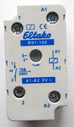 A white electrical relay with the inscription 'Eltako R91-100'. Shows switching positions and electrical specifications such as '10A 250V'. Contains symbols for connection terminals.