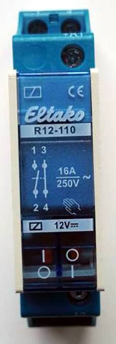 A 12V DC relay switching device labelled 'Eltako R12-110' and '16A 250V'. It has symbols indicating switching functions.