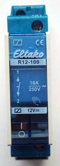 A blue 'Eltako R12-100' relay with specifications: '16A 250V' and '12V'. It displays symbols for current and voltage.