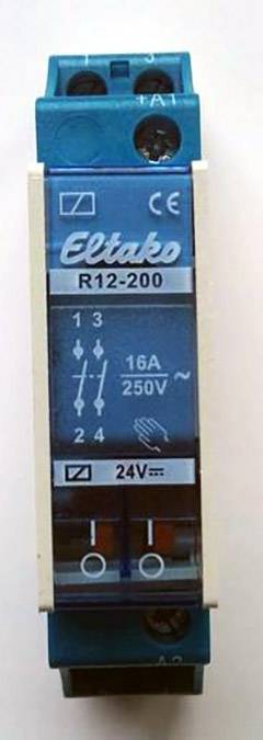 A blue, rectangular relay by Eltako with model number R12-200, rated for 16A and 250V, displays switching and connection information.