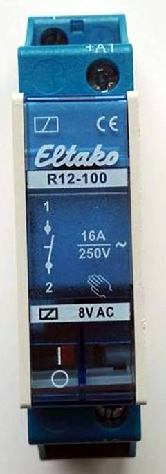 A blue relay module, marked with 'Eltako R12-100'. It displays electrical specifications: 16A, 250V, 8VAC.