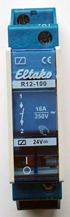 A blue Eltako relay R12-100 for 16A, 250V, displays symbols for voltage, current, and power. Housing labelled with 'Eltako'.