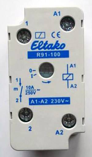 A white Eltako relay R91-100 for 230V and 10A, with connection terminals A1, A2 and circuit diagrams, displays CE marking.