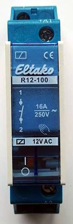 Blue relay by Eltako with inscription R12-100, 16A, 250V, 12VAC. Shows symbols for current flow and voltage.