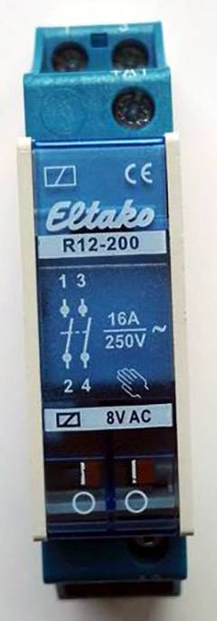 Blue Eltako R12-200 Electrical Switch, CE-certified. Switching Capacity: 16A, 250V~. Connection Points 1, 2, 3, 4. Voltage: 8V AC.