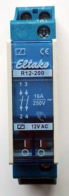 Blue Eltako R12-200 switching relay, 16A 250V, suitable for 12V alternating current, main components and technical symbols on the front.
