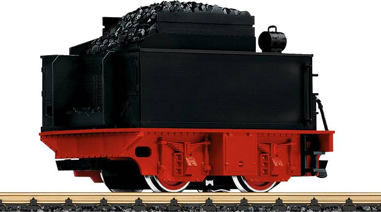 A black and red tender wagon loaded with coal, standing on railway tracks. A small black tank is positioned on top.