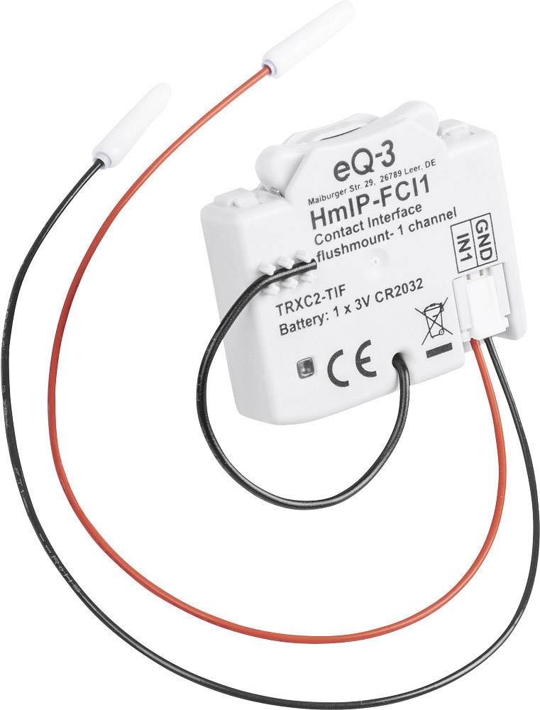 White, rectangular smart home device with black and red cable. Label: 'HmIP-FCI1'. Battery-powered, single-channel.