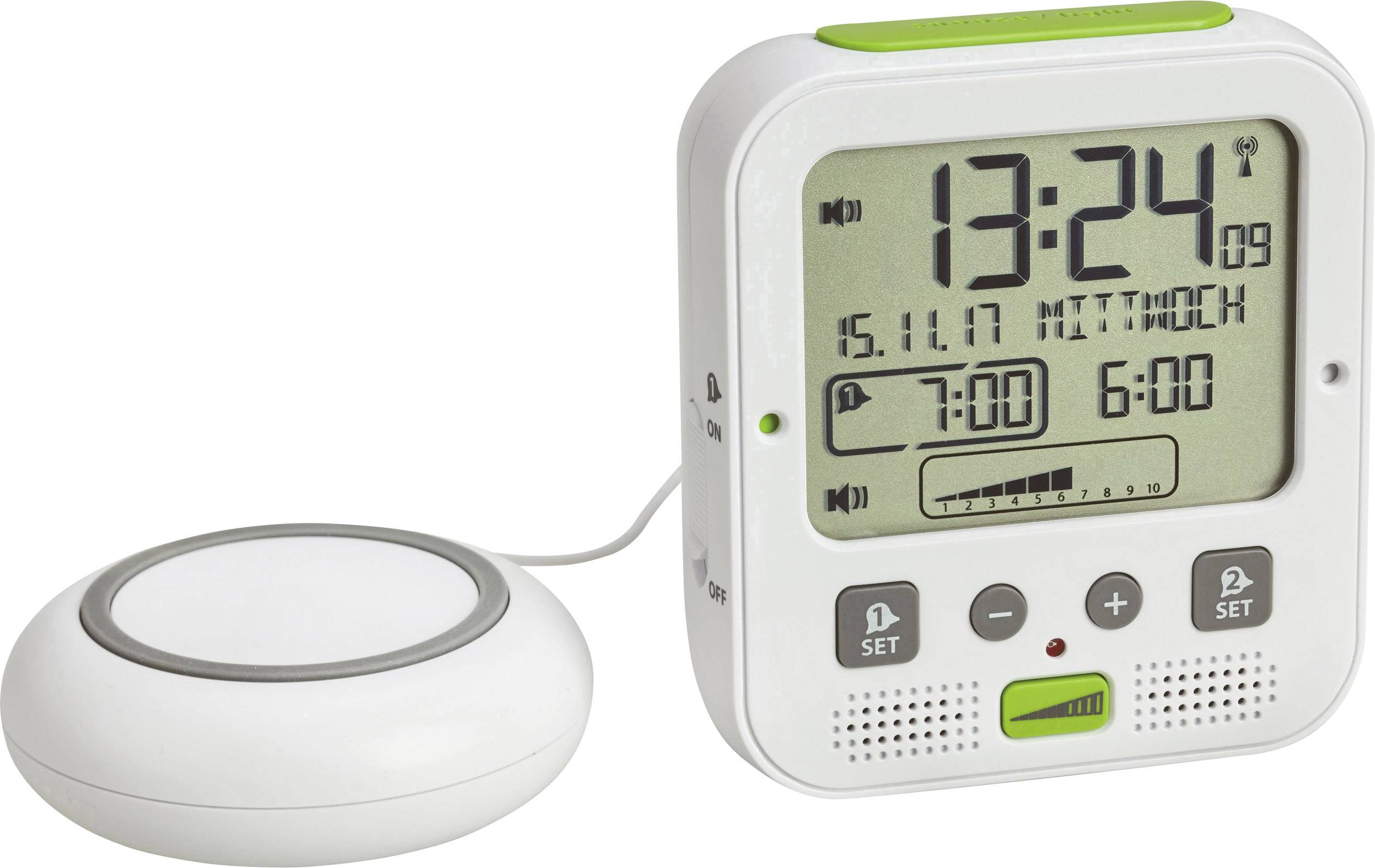 TFA Dostmann 60.2538.02 Radio Alarm clock White, Green Alarm times 2 Vibration alarm, High volume alarm , Large display