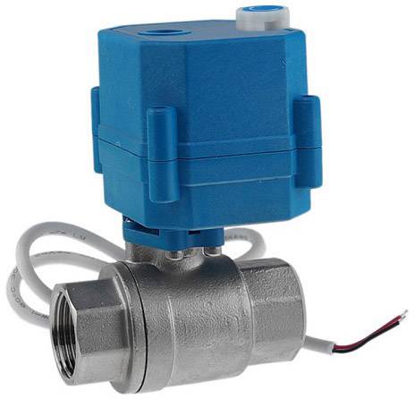 A blue electric ball valve with a metal housing and connected cables for controlling liquid flows.