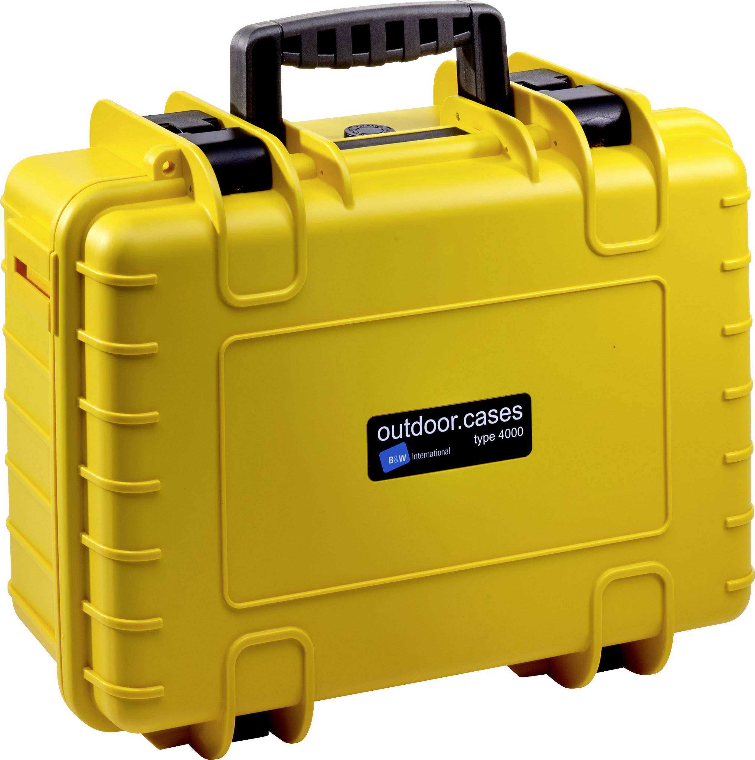 Yellow, robust outdoor case with carry handle, by B&W International, Type 4000. Ideal for transporting and protecting sensitive equipment.