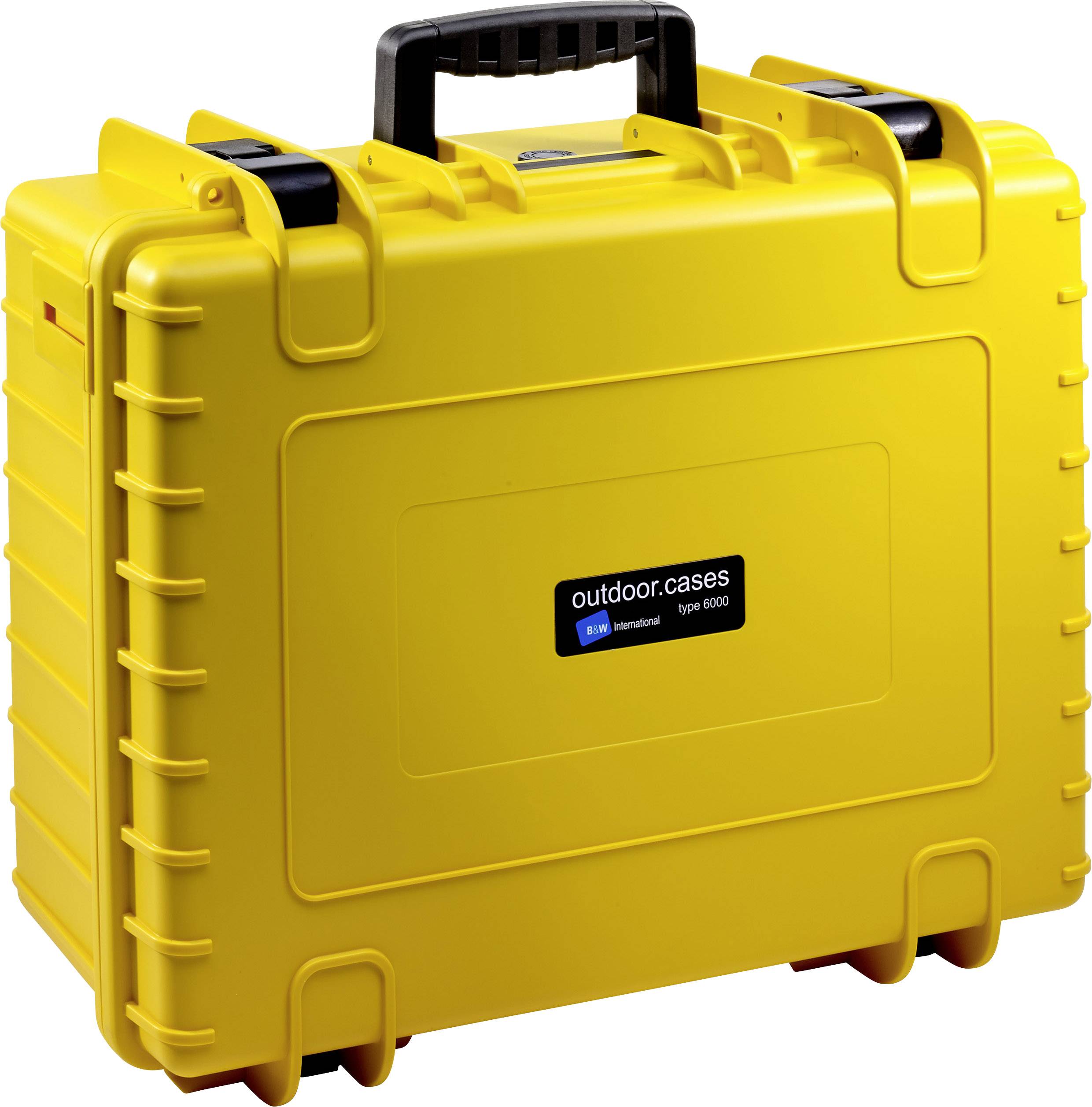 Yellow, robust plastic case with a black handle. Front print displays 'outdoor.cases'. Suitable for the secure transportation of equipment.