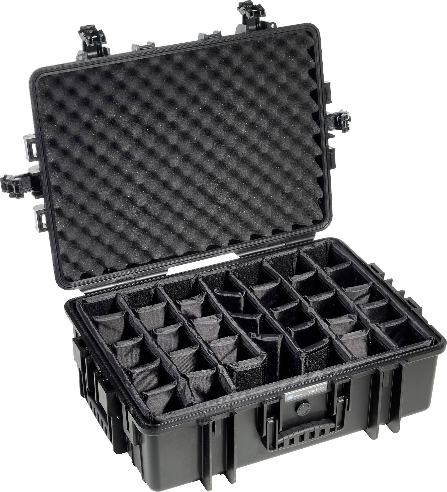 Black, robust transport case with open lid, padded interior and multiple adjustable compartments for secure storage.