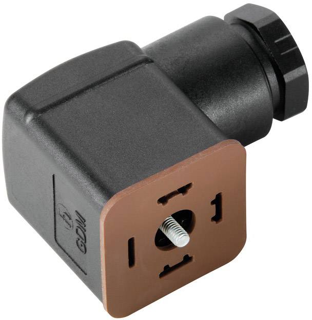 A black 3-pin angled plug with a rust-brown base plate and screws.