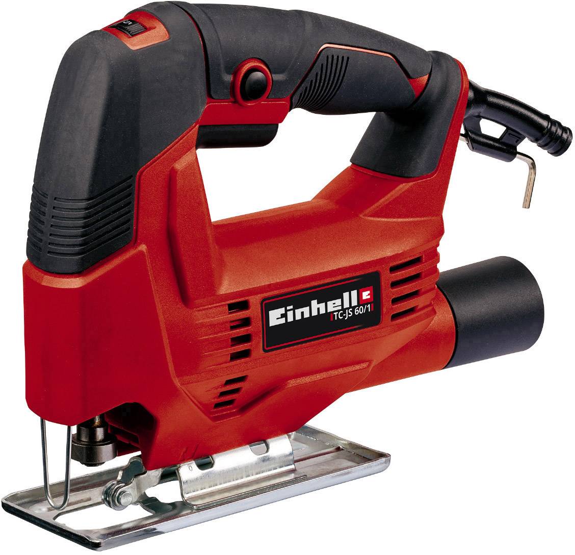 Red jigsaw with black handle, model print 'Einhell TC-JS 60/1', suitable for precise cutting of wood and other materials.
