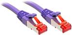 Two purple Ethernet cables with red connectors placed side by side, used for network connections.