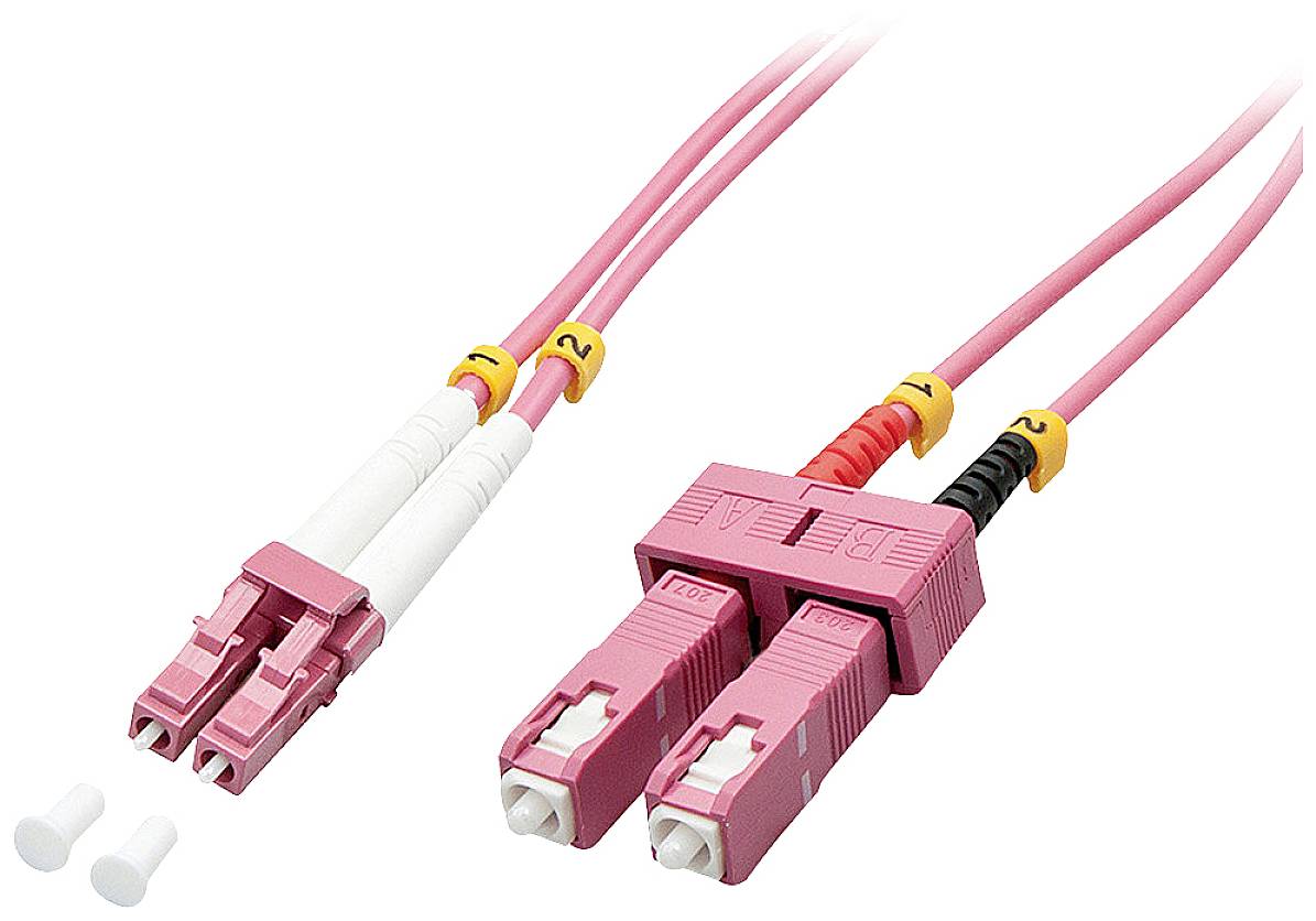 Two pink fibre optic cables with white and red connectors. Left with white plugs, right with red plugs and black markings.