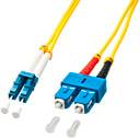 Two blue SC connectors connected with yellow fibre optic cables and removable protective caps.