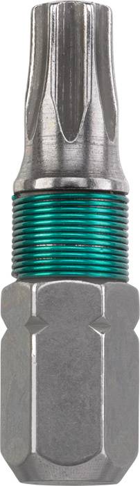 A metallic screwdriver bit with a ribbed tip and a green stripe in the middle, suitable for screw-related work.