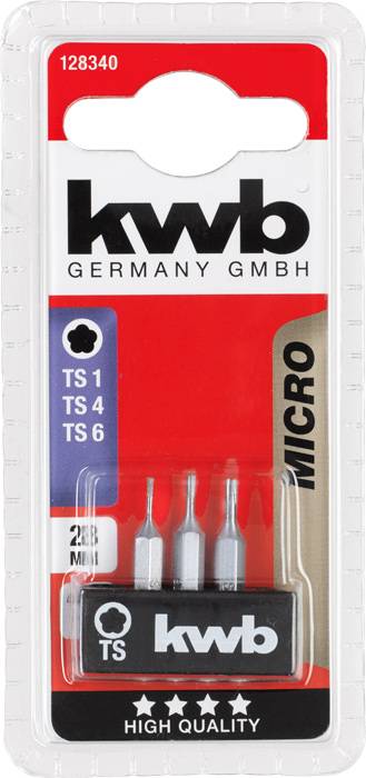 Packaging containing four black micro screwdriver bits from 'kwb' for TS 1, TS 4, TS 6. Inscription: 'High Quality'.