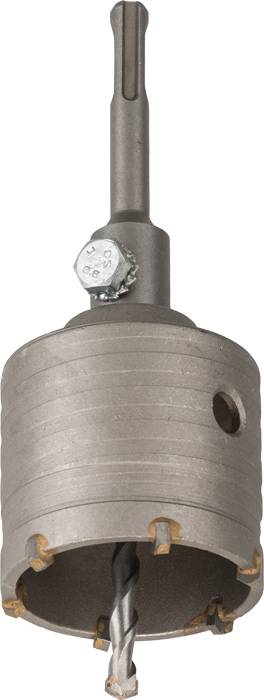 A metal hole saw attachment with a central drill bit, suitable for drilling machines, is held together by a screw.