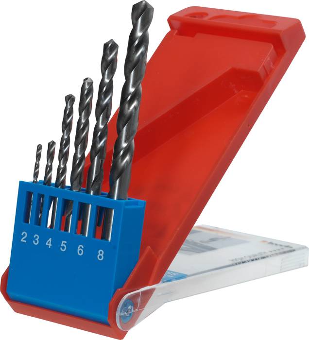 A set of seven metal drill bits in various sizes, neatly arranged in a blue holder, with red and transparent elements.