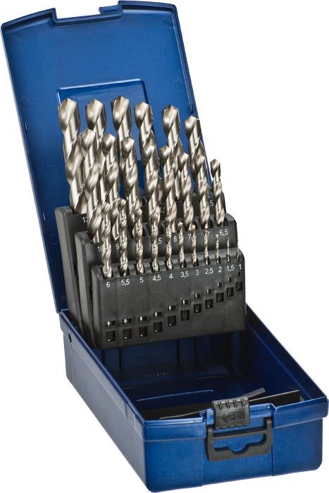 A drill bit set in a blue, open box. Multiple drill bits of various sizes are visible, arranged in rows.