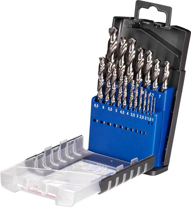 A drill bit set consisting of several metal drill bits in various sizes, arranged in a blue plastic box.