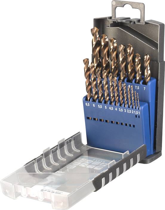 Drill set in an opened plastic case, arranged by size from 2.0 to 8.0 mm.