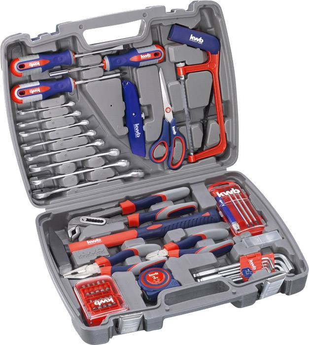An open tool case with various hand tools such as screwdrivers, spanners, pliers, saw, and tape measure.