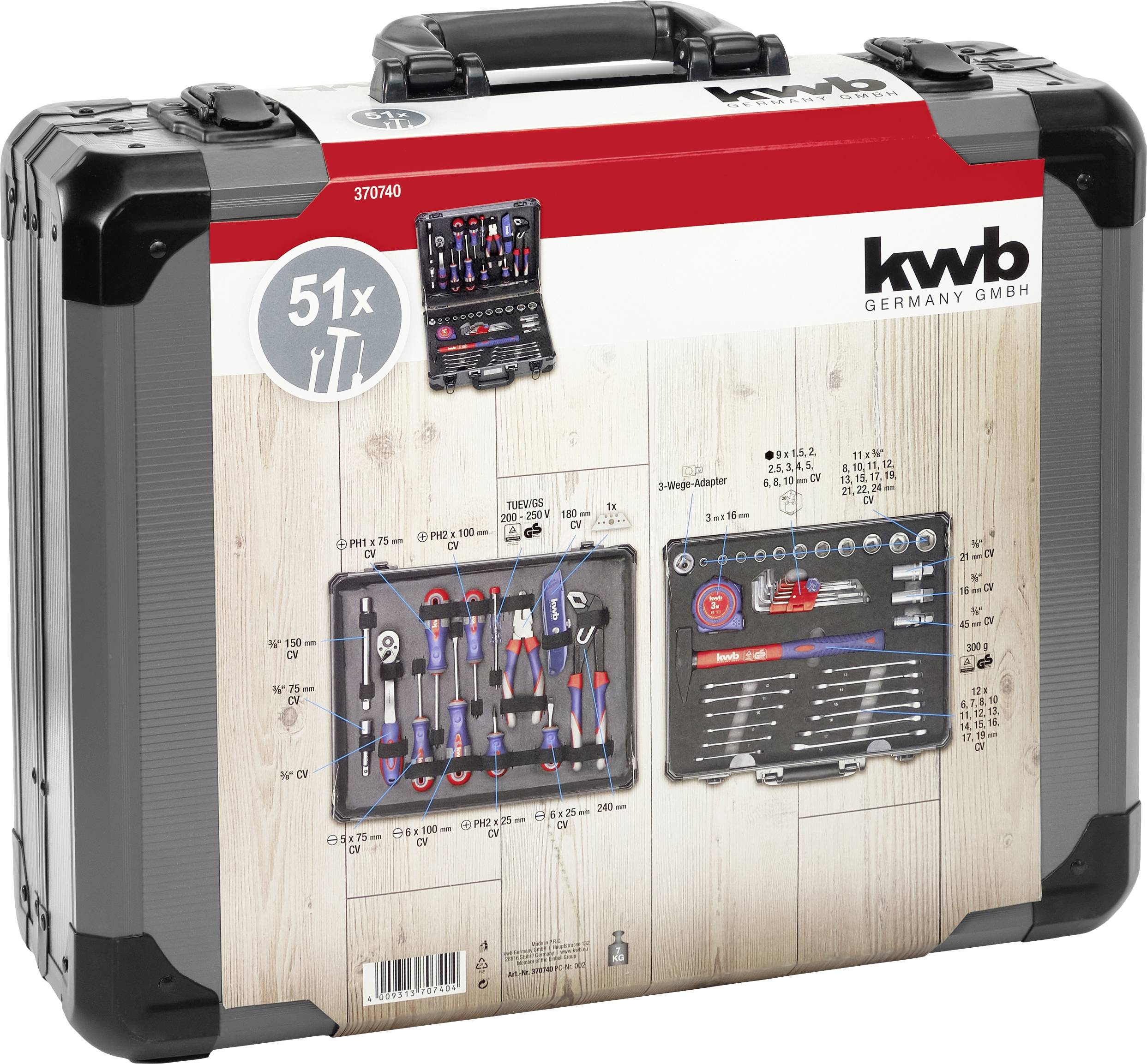 Tool case with 51-piece collection, including spanners and pliers. Red sticker with 'kwb' logo, wood-effect background.