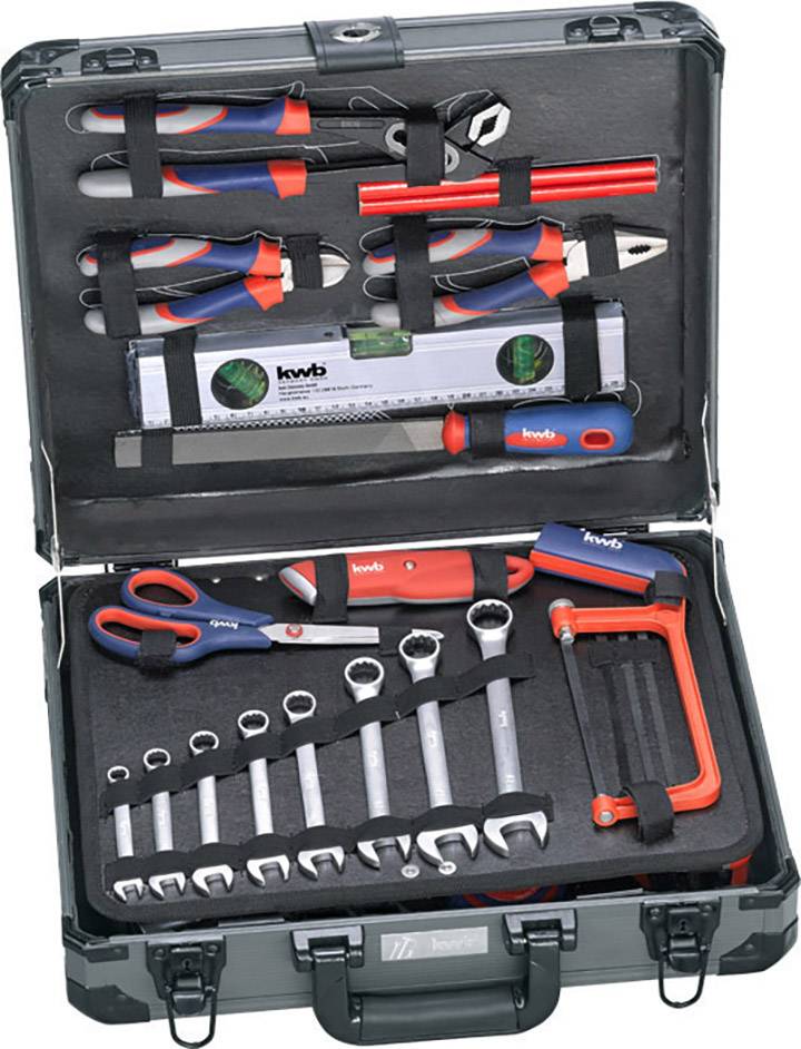 A toolkit with various hand tools, including screwdrivers, pliers, spanners, and a metal saw.