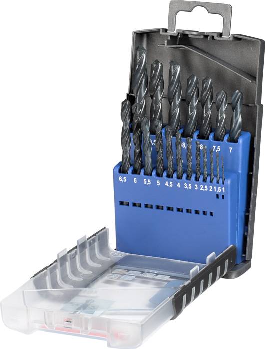 A set of metal drill bits in various sizes, arranged in an open plastic case with a hinged lid.