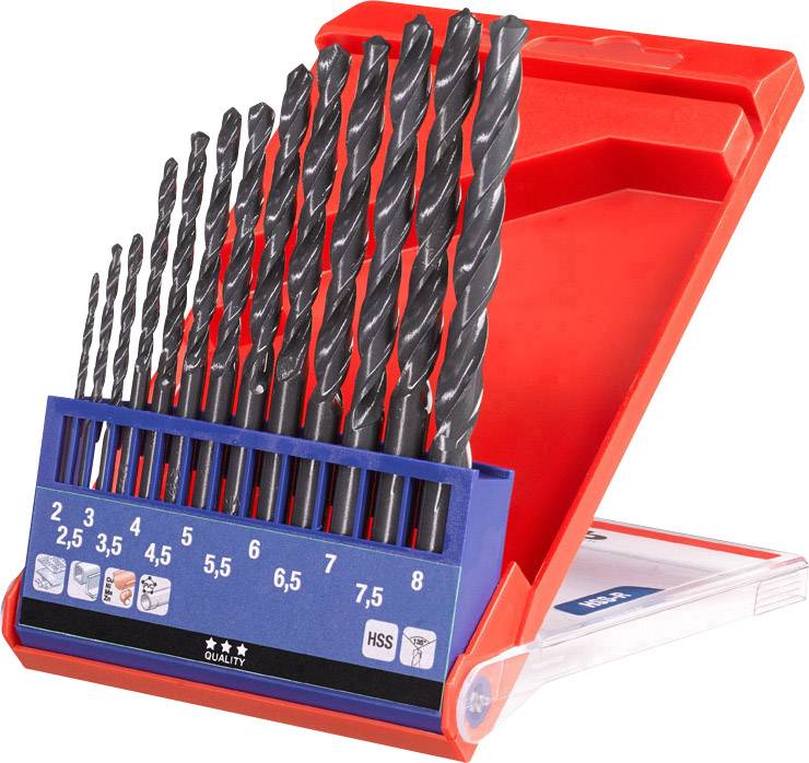 A red plastic container with eleven metal drill bits, arranged by size from 2 mm to 8 mm. Includes HSS marking and symbol indicators.