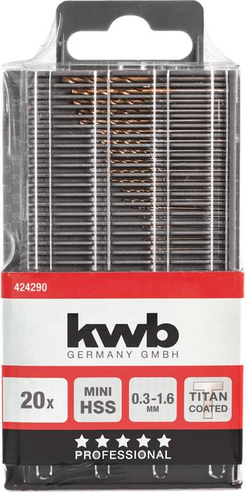 Drill Bit Set 'kwb Germany Ltd, 20 Pieces, Mini HSS, 0.3-1.6 mm, Titanium-Coated', suitable for professional applications.