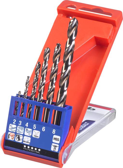 A set of six metal drill bits in various sizes, arranged in a blue holder with icons for surface types.