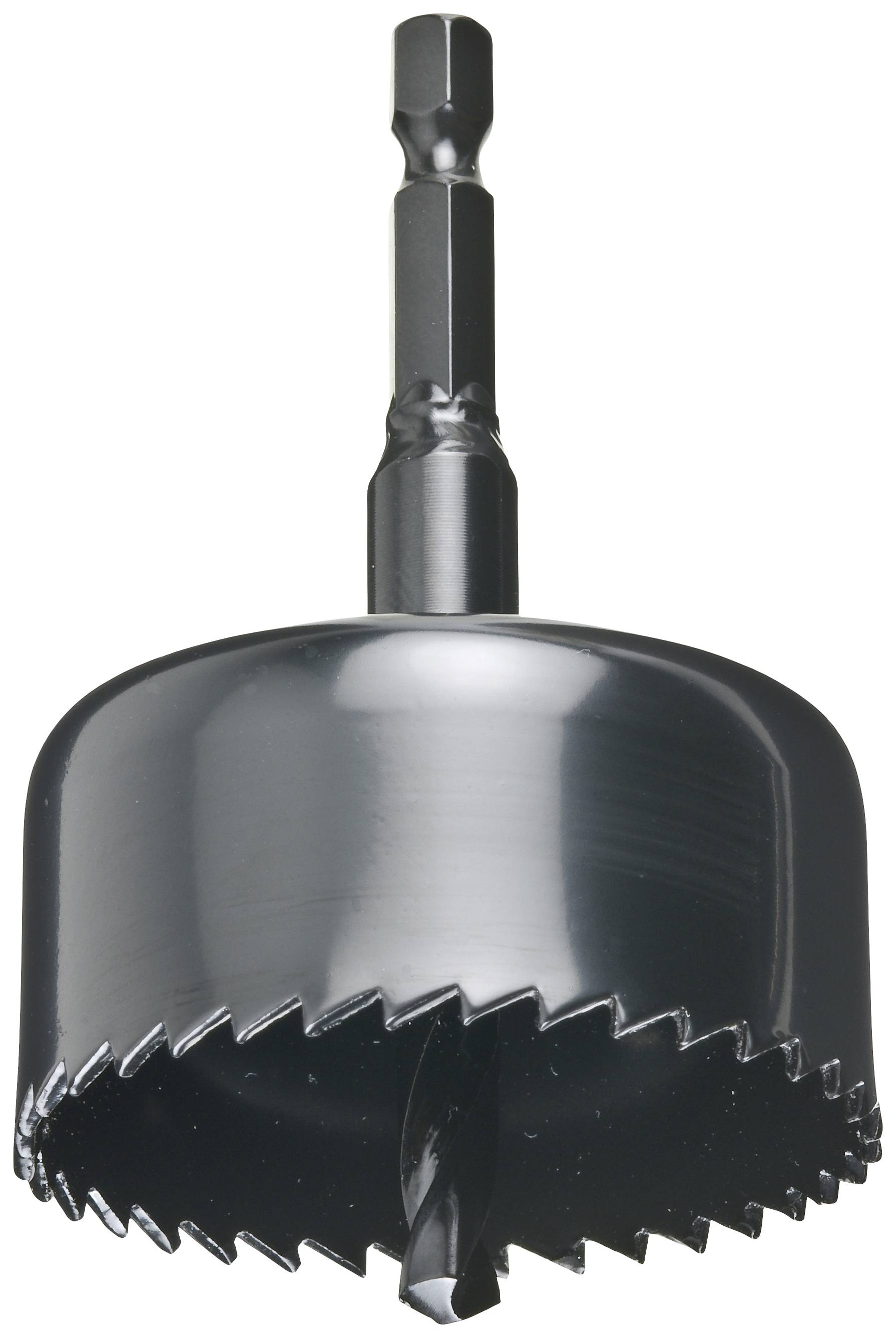 Metal hole saw with sharp teeth and hexagonal shank, suitable for drilling large holes in wood or metal surfaces.