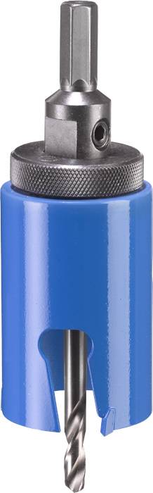 A blue hole saw tool with a drill bit in the centre, used for drilling large holes in materials such as wood or metal.