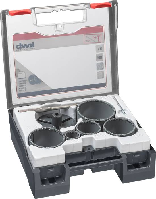 Set of eight hole saws in an open plastic case, including holder and accessories. Suitable for various materials.