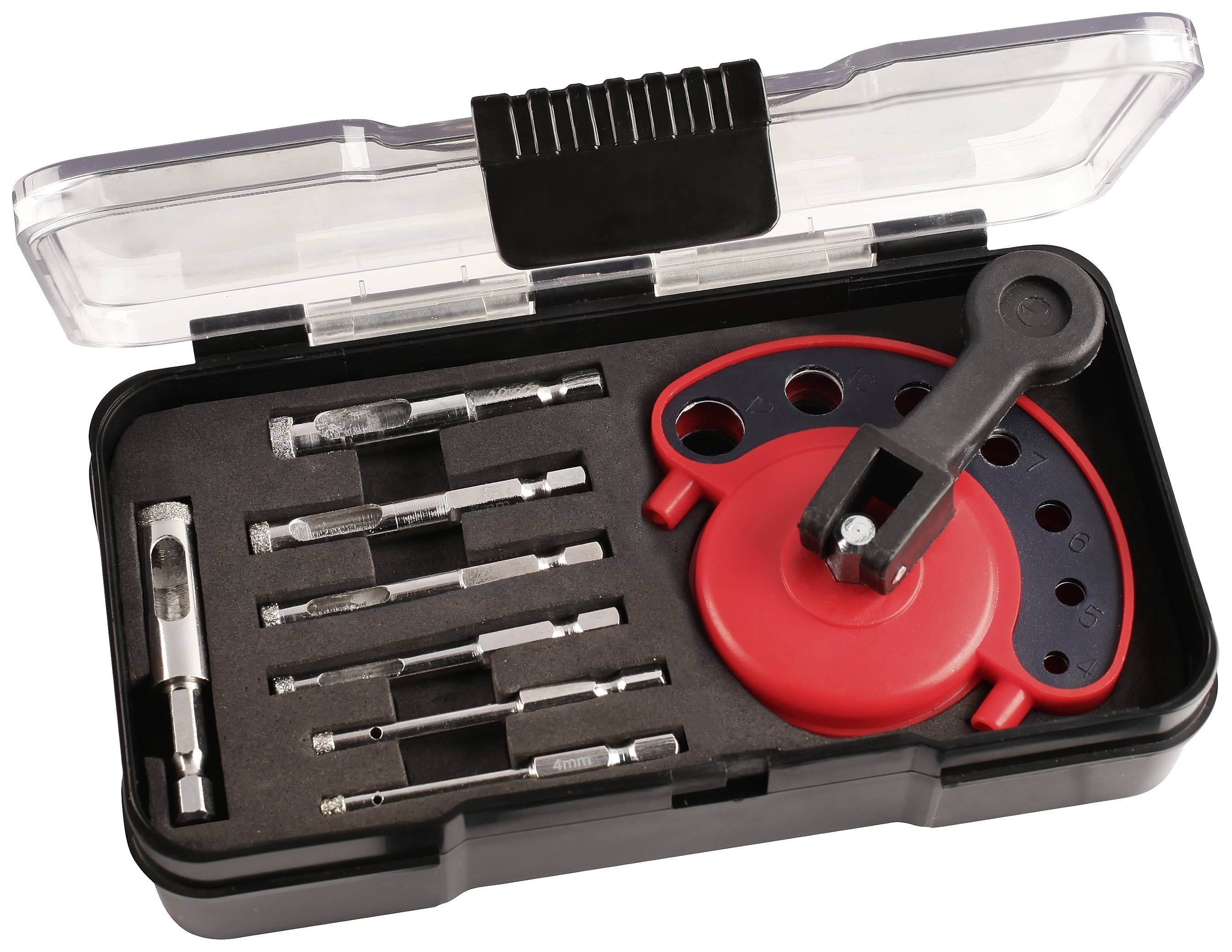 A set of hole saws and tools in a black plastic box with a transparent lid. Contains red and metallic parts.