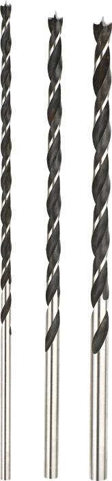 Three metal drill bits in different sizes are standing upright next to each other.