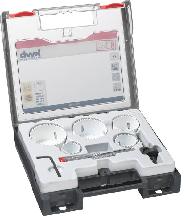 Tool case with multiple hole saws in various sizes and an accessory component. Suitable for home and DIY projects.