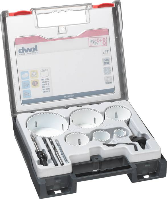 Briefcase with a hole saw set, comprising multiple hole saws in various sizes and accompanying accessories, opened for viewing.