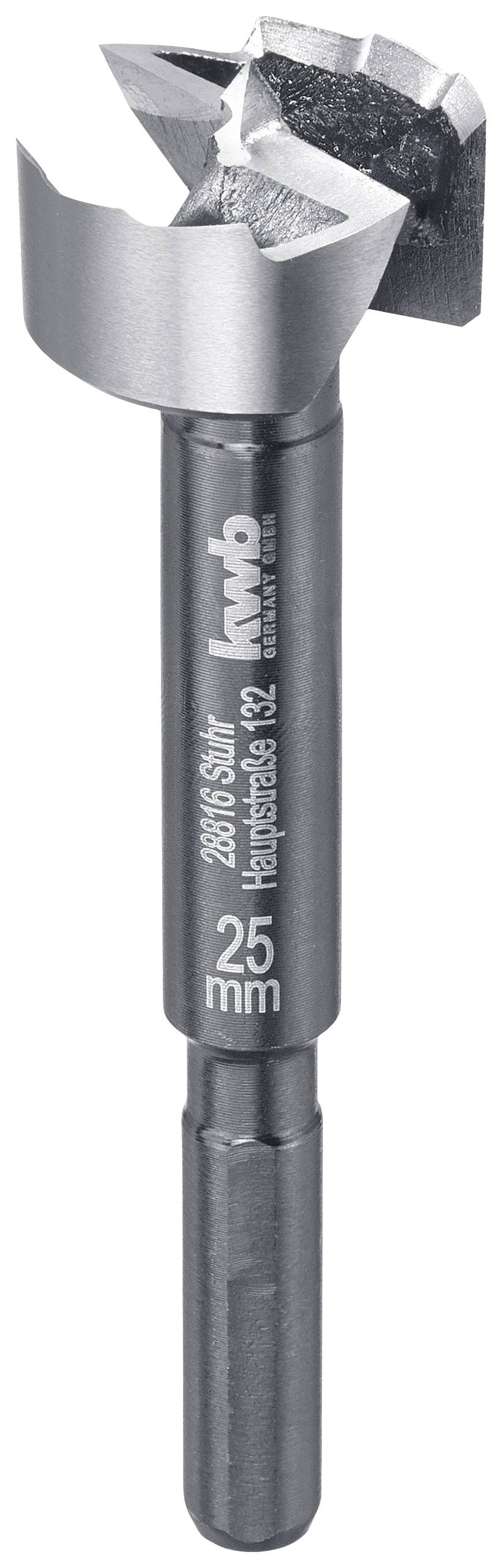 A Forstner bit with a 25 mm diameter made of steel, suitable for precise wood drilling, pictured with a focused drill head.