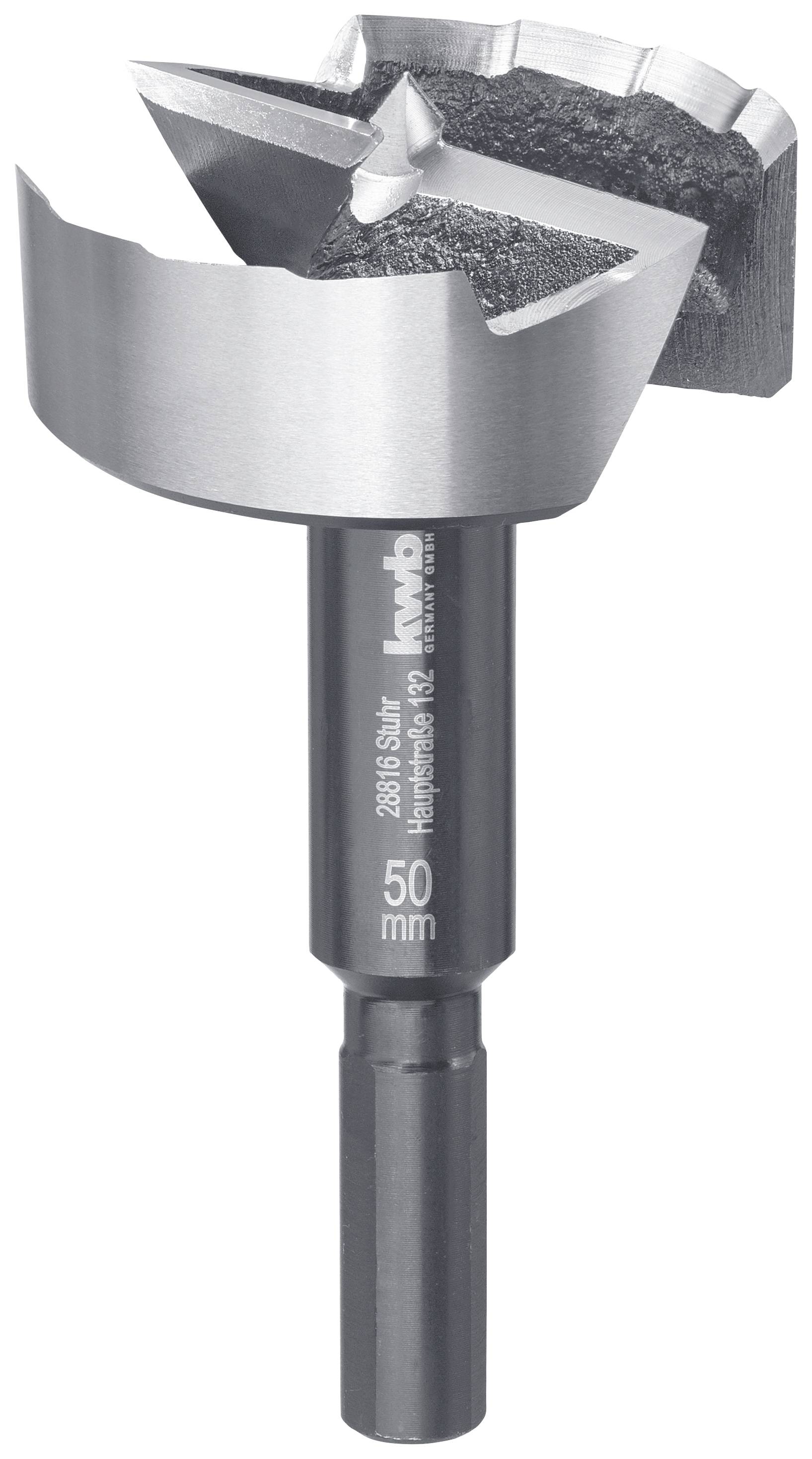 A 50-mm Forstner drill bit made of metal with sharp edges, suitable for precise woodworking drilling.