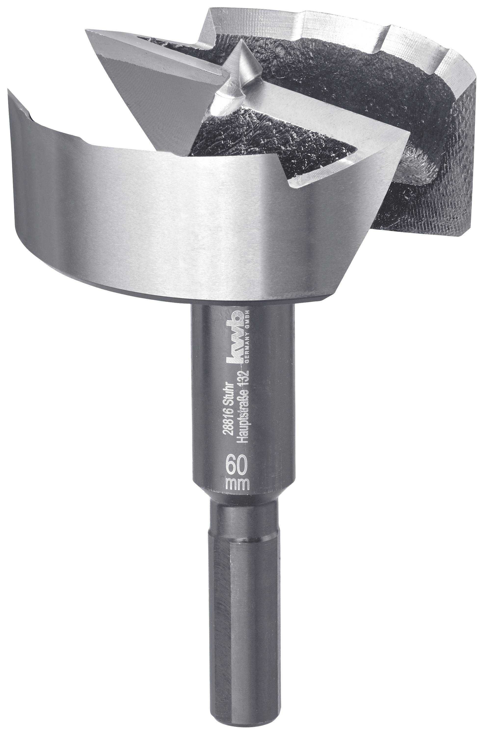 A drill head with a 60 mm diameter, suitable for woodworking. It has sharp teeth for precise cutting, mounted on a shank.
